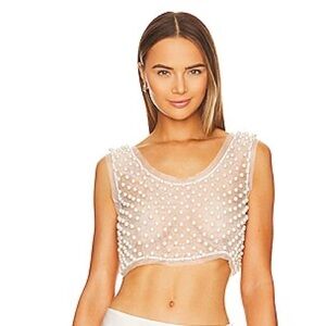 LOVESHACKFANCY Denita Faux Pearl Sheer Crop Top